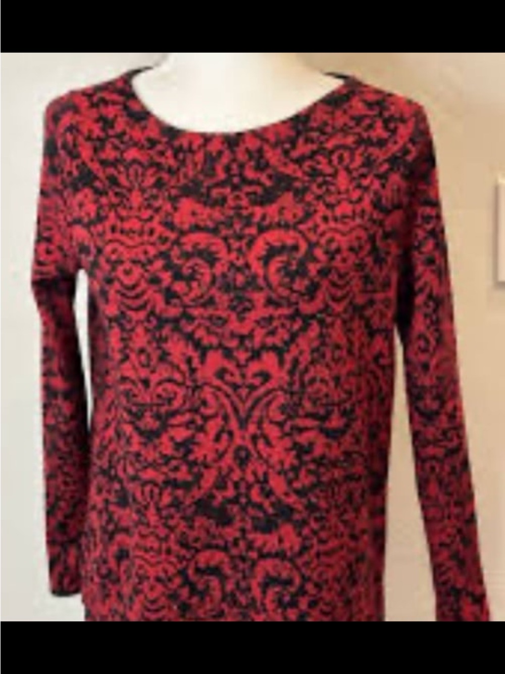 J. Jill Red and Black Damask-Style Long Sleeve Top